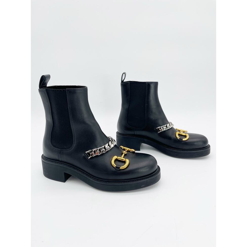 Gucci Flores Black Calfskin Horsebit Chain Low Heel Chelsea Ankle Boots IT 37